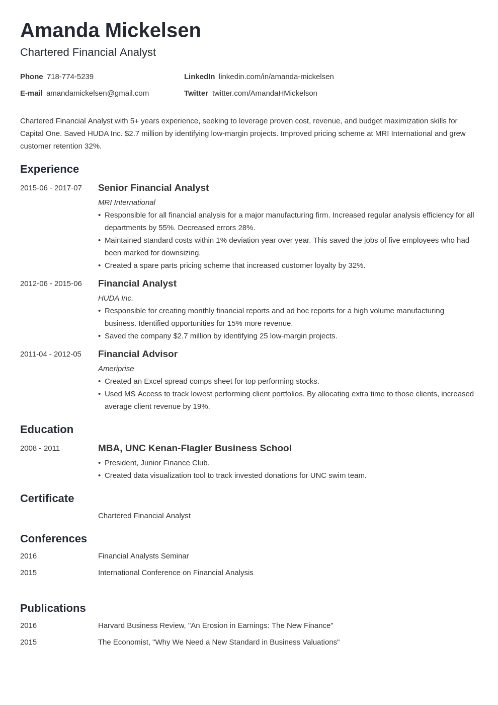 financial analyst resume template minimo