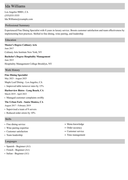 fine dining resume example