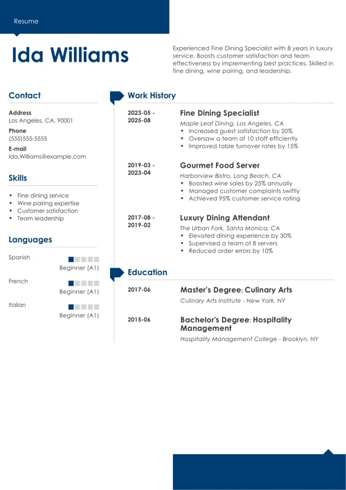 fine dining resume example
