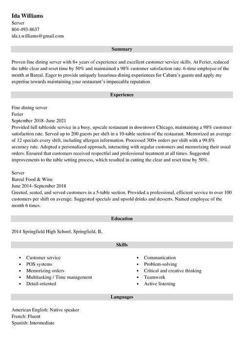 fine dining resume example