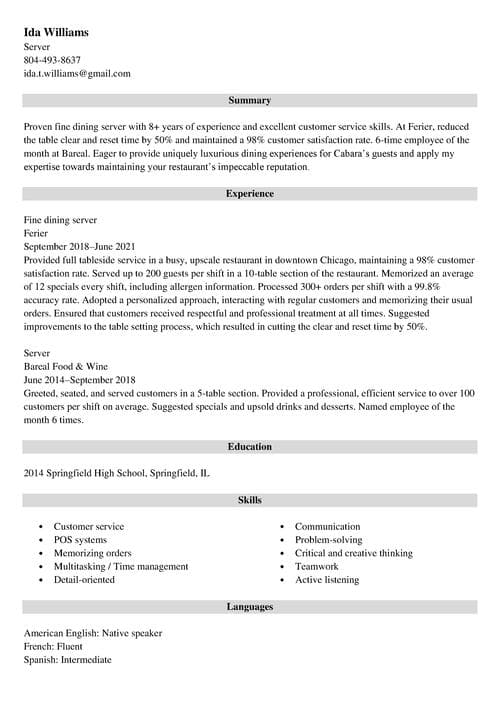 Fine Dining Resume Samples For A Server Hostess Bartender