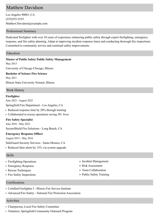 Firefighter resume example