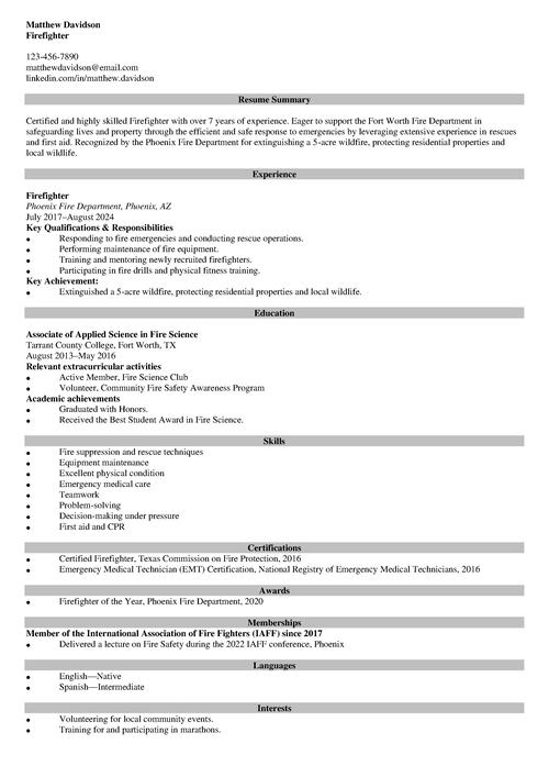 Firefighter Resume Example