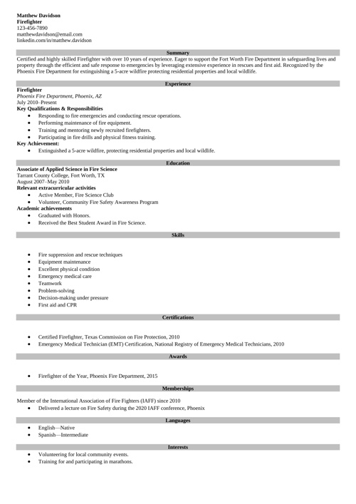 Firefighter resume example