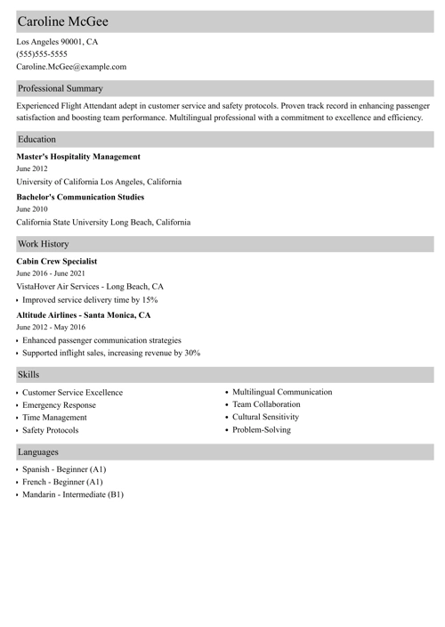 Flight attendant resume example