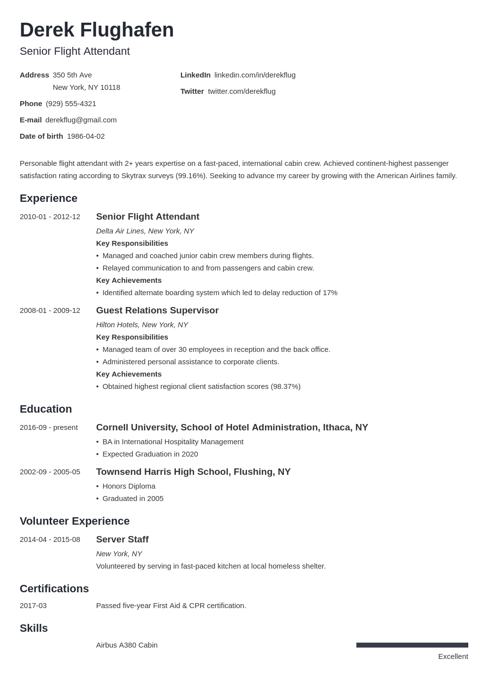 flight attendant resume example template minimo