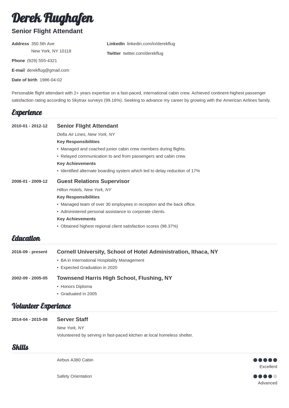 Flight Attendant Resume Sample [+Also with No Experience]