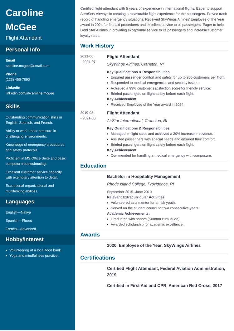 Cascade resume template for flight attendants