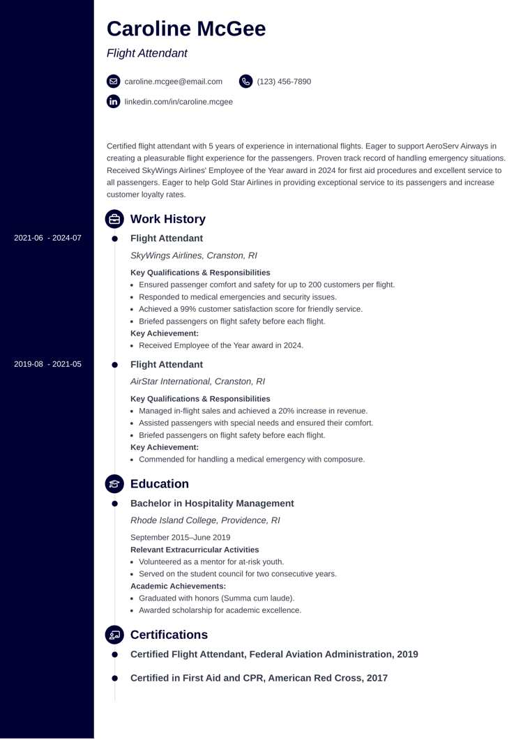 Concept resume template for flight attendants