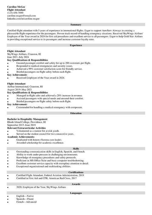 Flight Attendant Resume Example