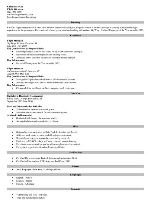 Flight attendant resume example