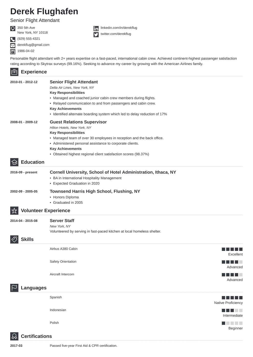 Flight Attendant Resume Sample +Also with No Experience
