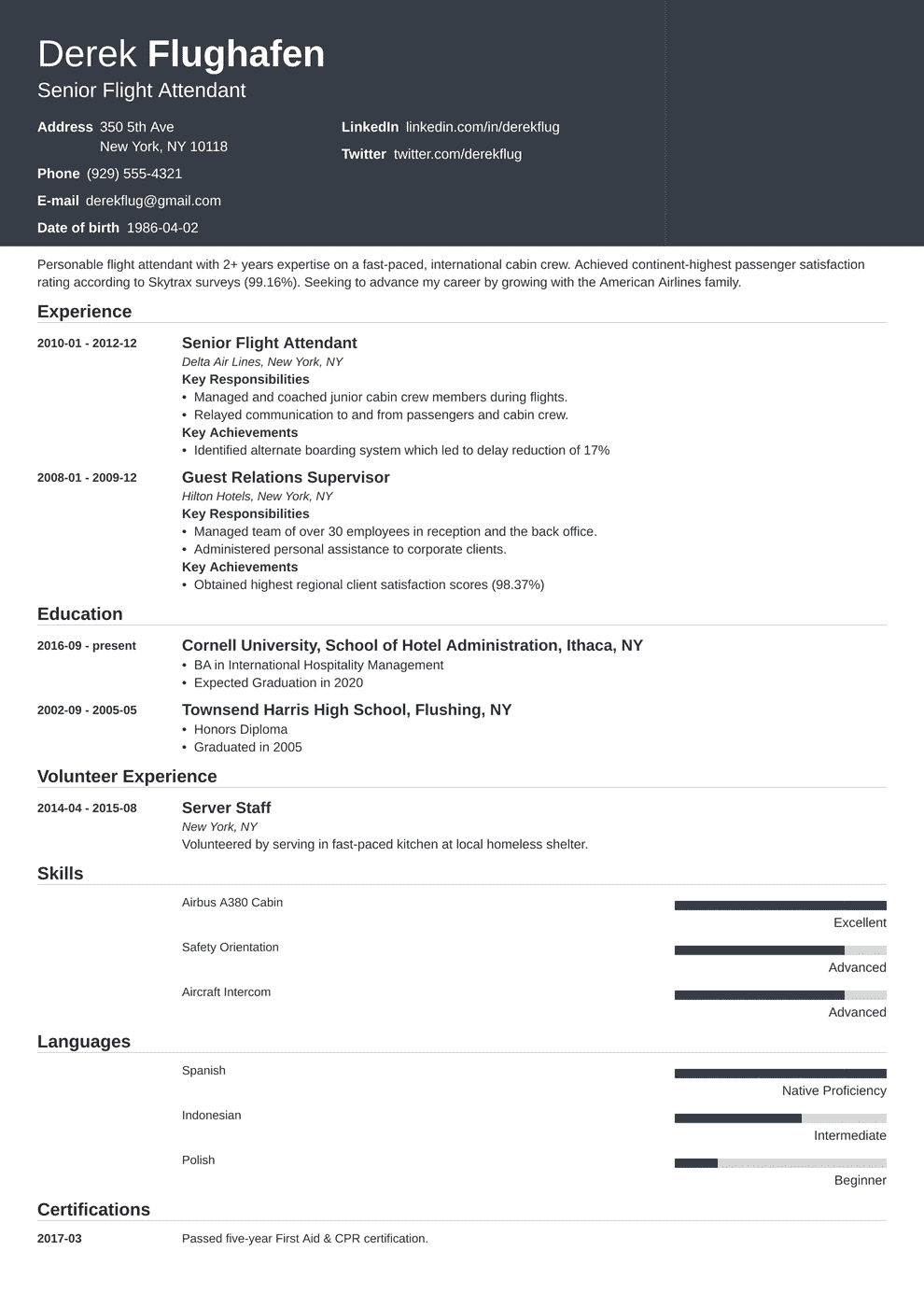 Flight Attendant Resume Sample Complete Guide 20 Examples