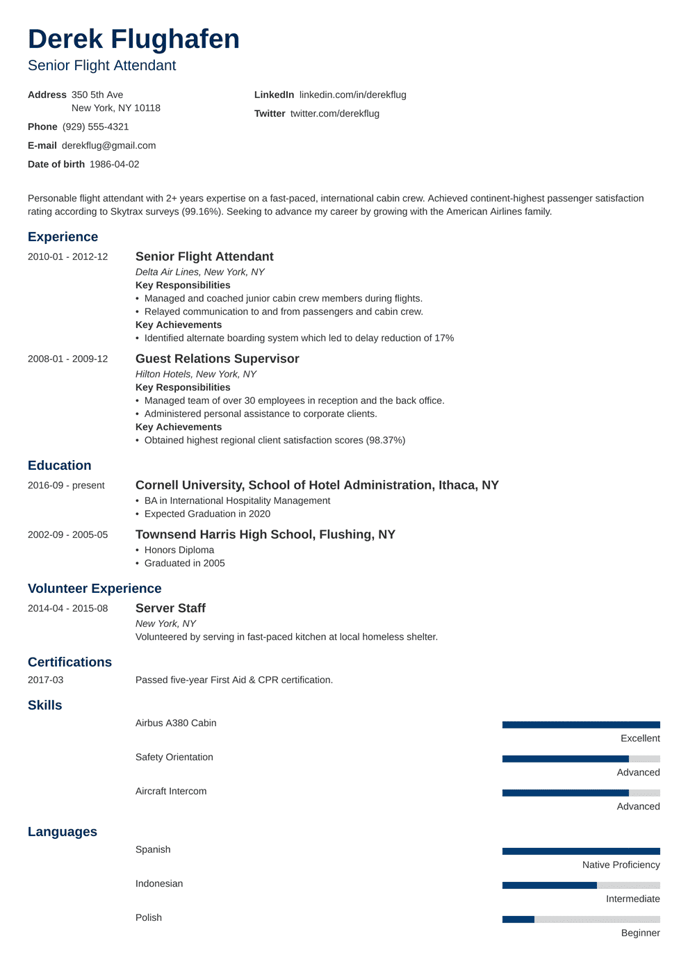 cabin crew resume sample