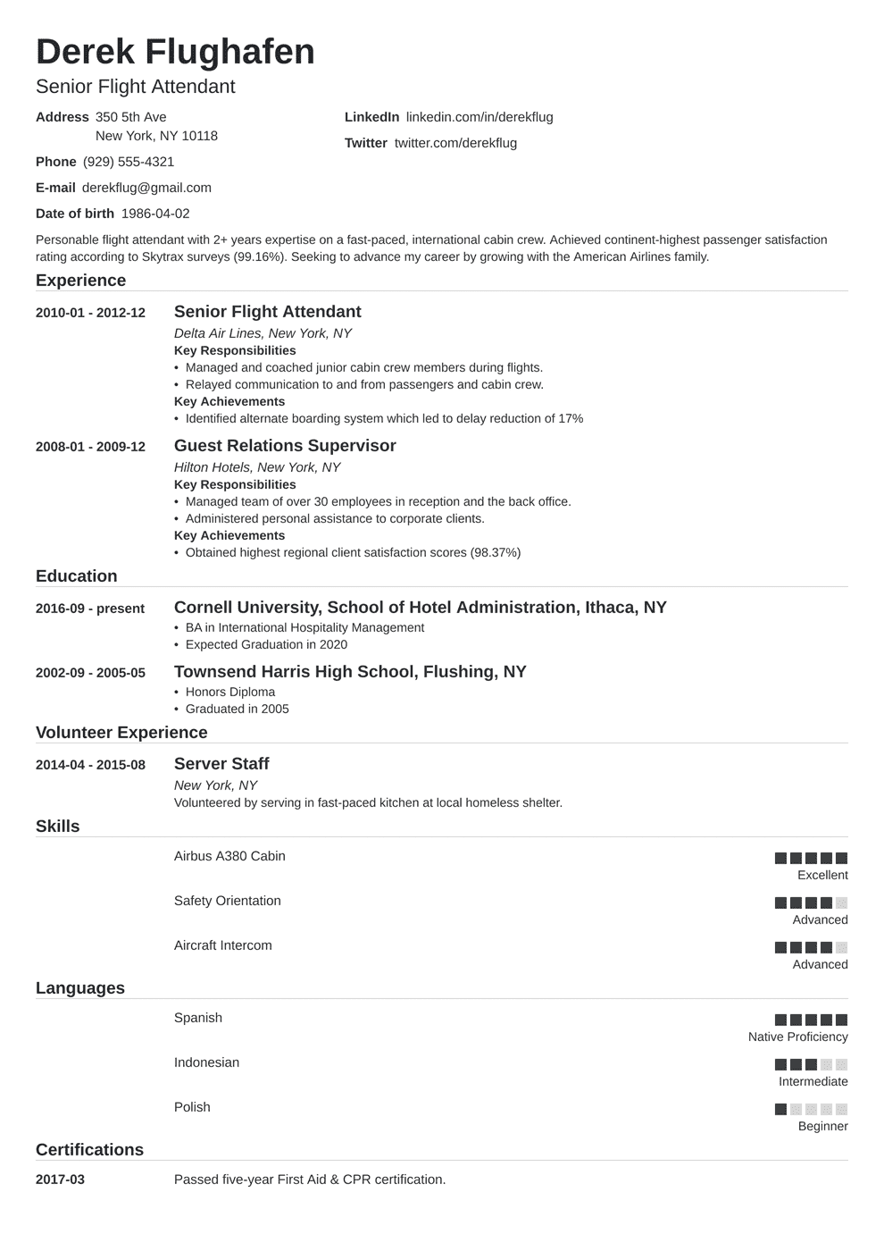 Sample Flight Attendant Resume No Experience