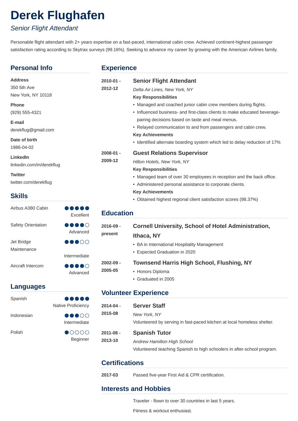 resume template flight attendant position