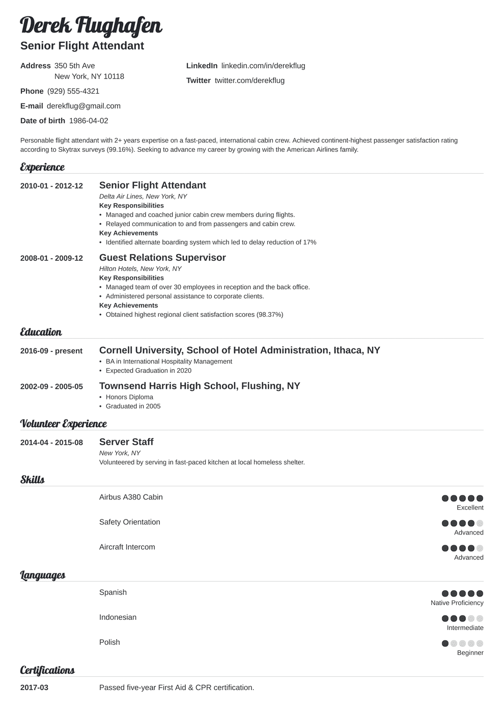 resume sample for flight attendant with no experience