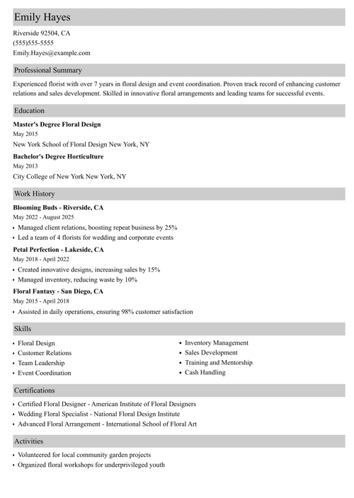 Florist Resume Sample
