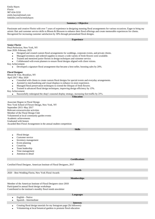 Florist Resume Sample