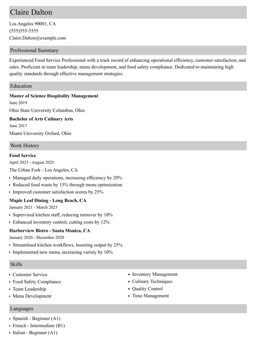 Food service resume example