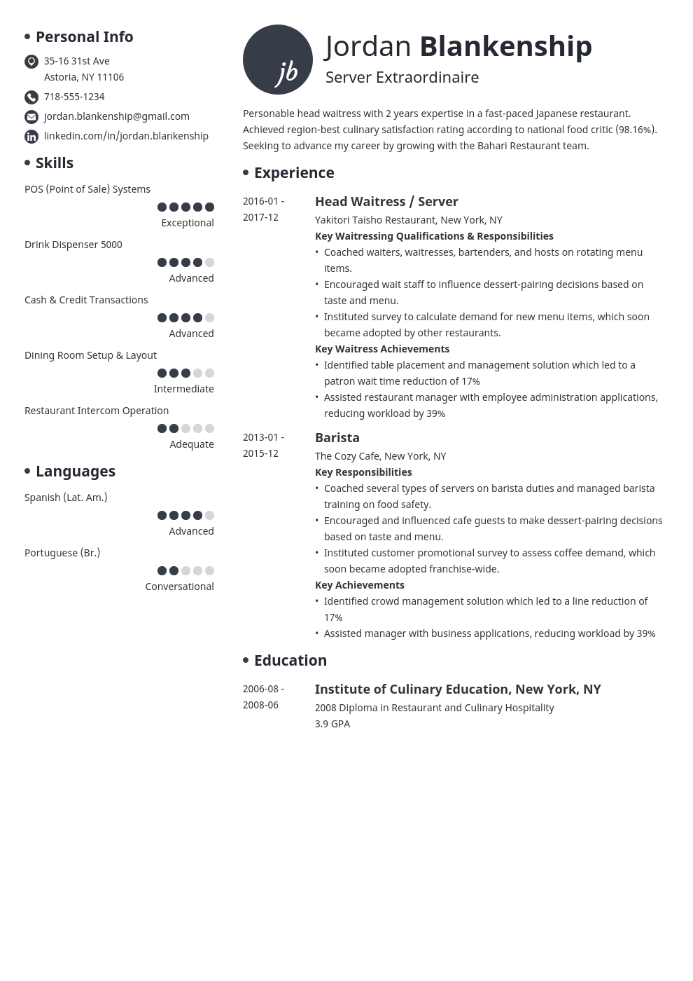 food service resume example template initials
