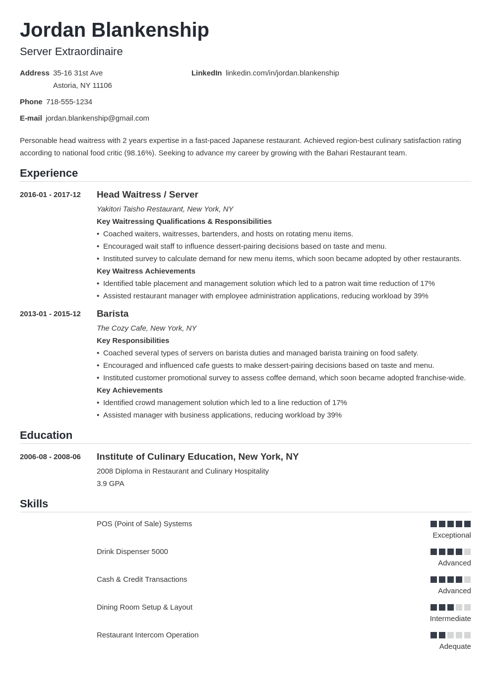 Resume For Dining Services