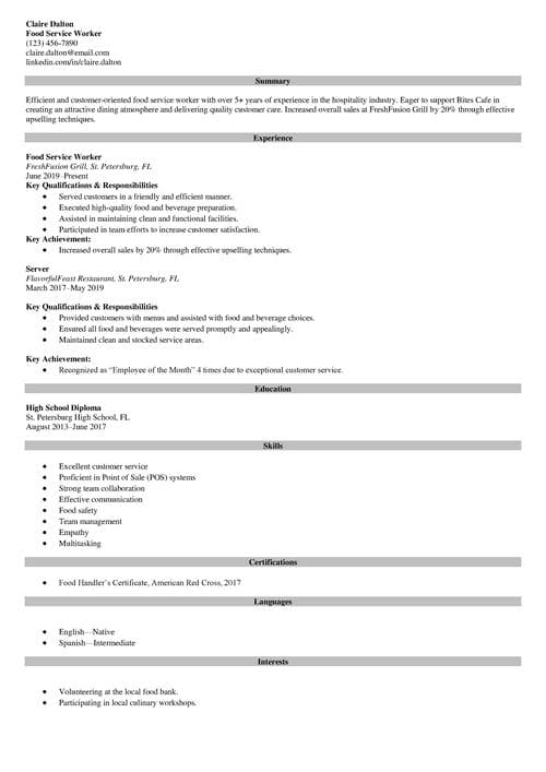 Food service resume example