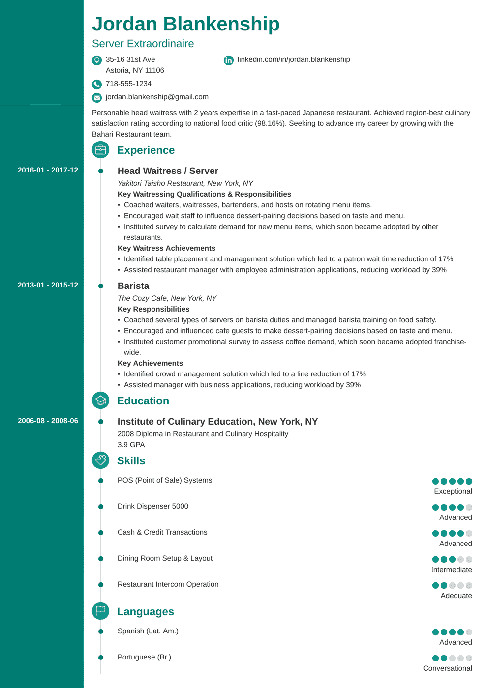 Food Service Resume Examples [+ Skills & Job Description]