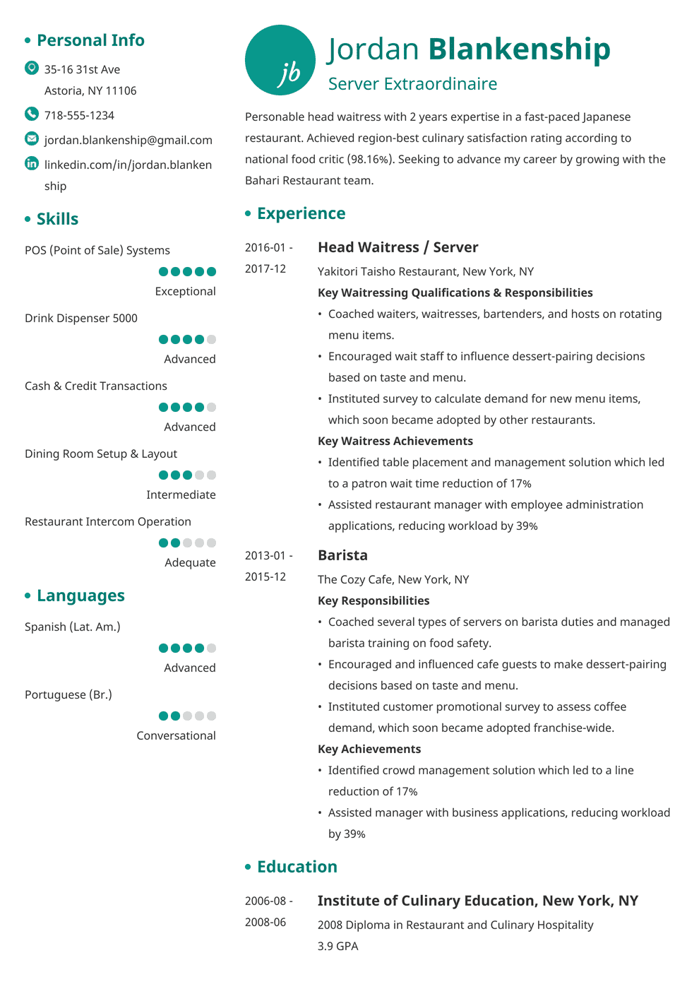 Food Service Resume Examples with Skills & Job Description