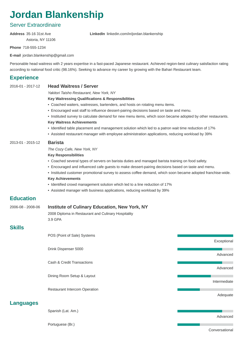 Food Service Resume Examples Skills Job Description 