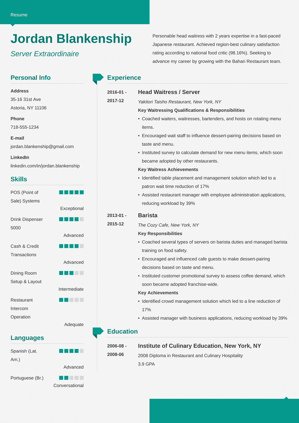 Food Service Resume Examples [+ Skills & Job Description]