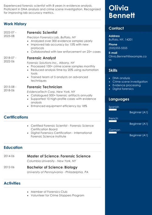 Forensic Scientist Resume Sample
