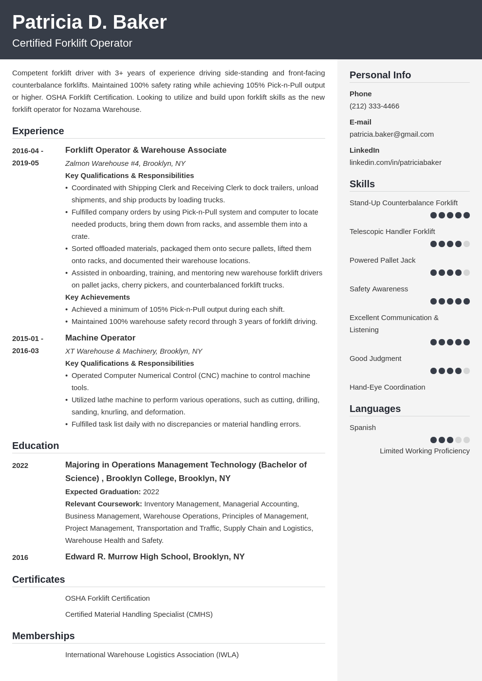 forklift operator resume example template cubic