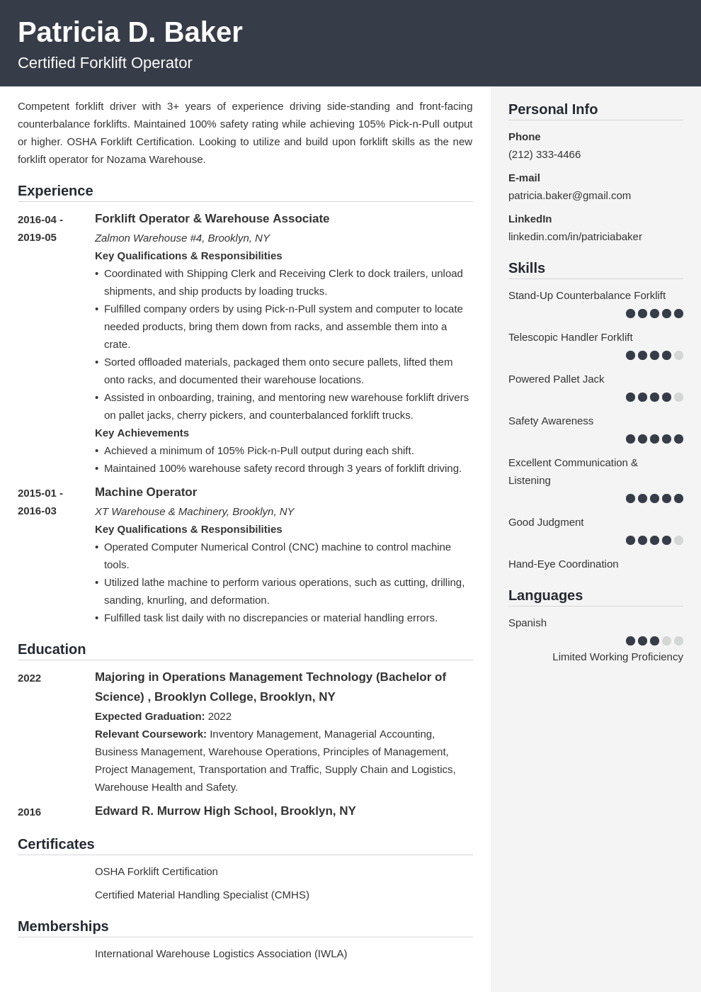 Warehouse Forklift Resume Sample