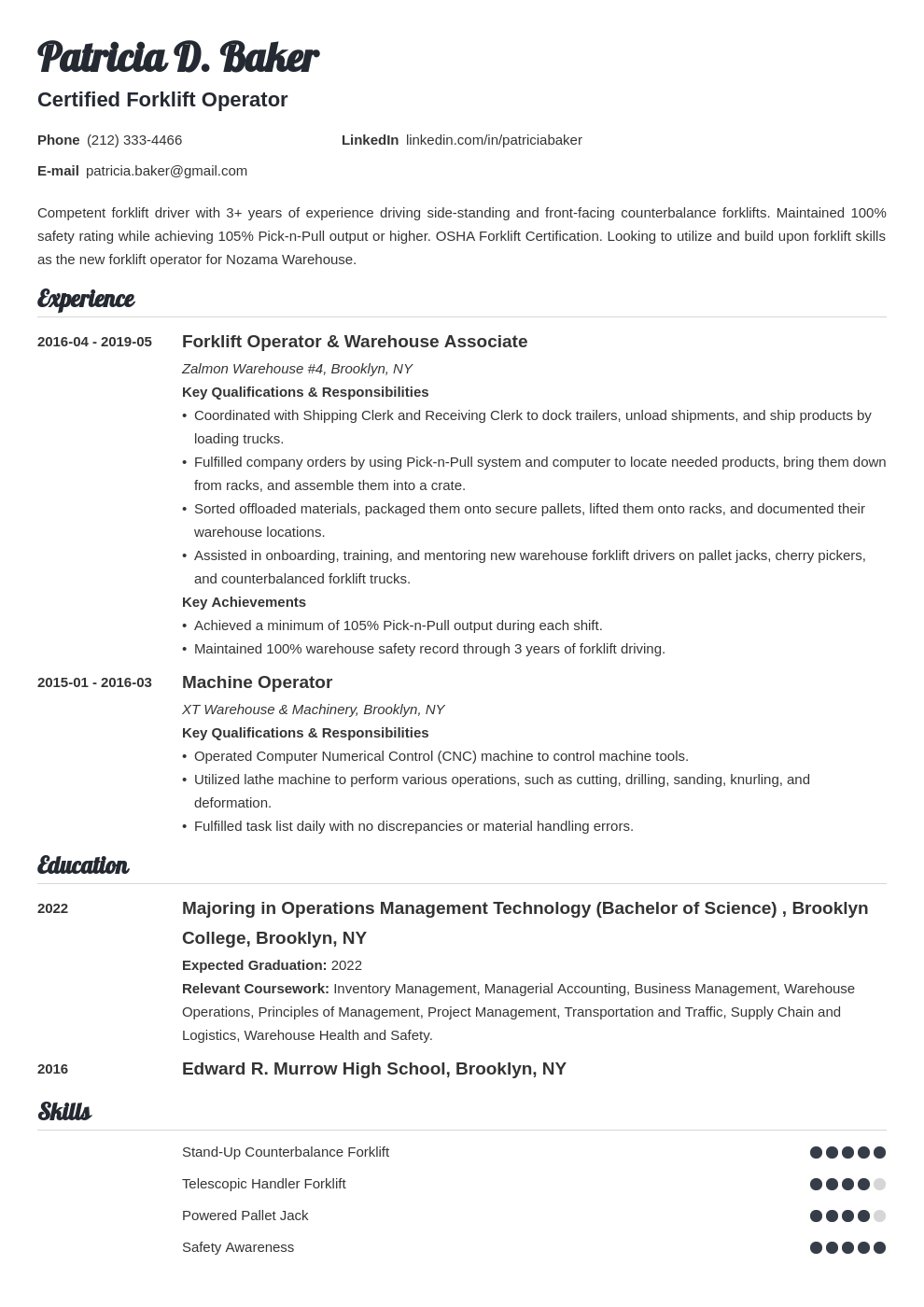 Forklift Operator Resume Templates