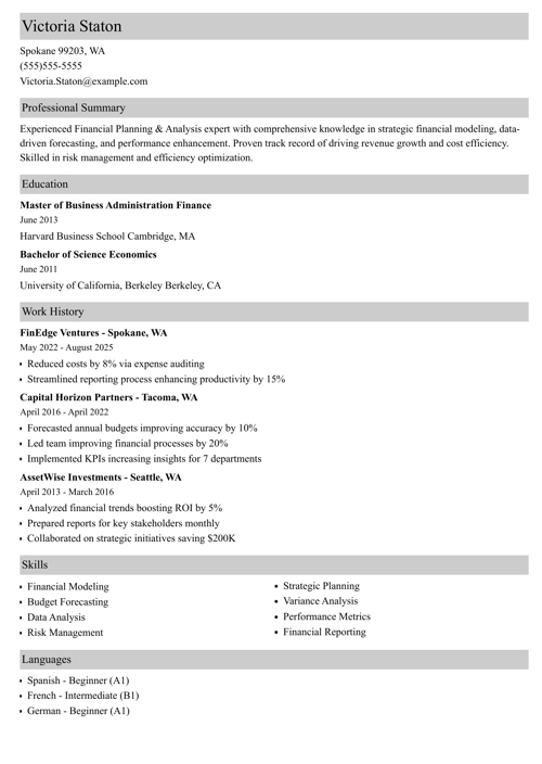 FP&A resume example