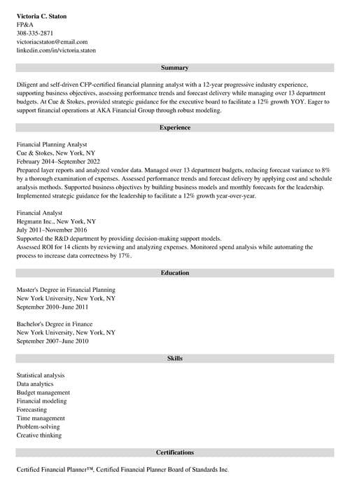 FP&A resume example
