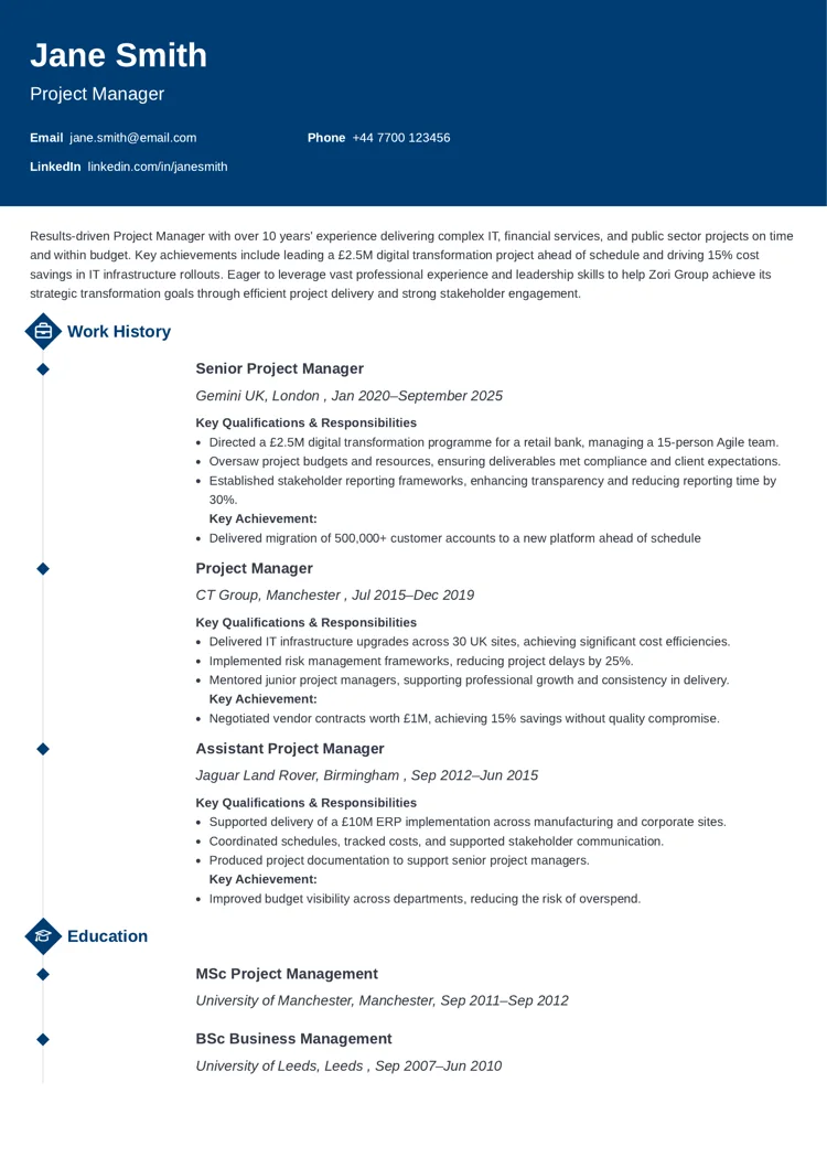 CV example created with the Diamond CV template from Zety UK