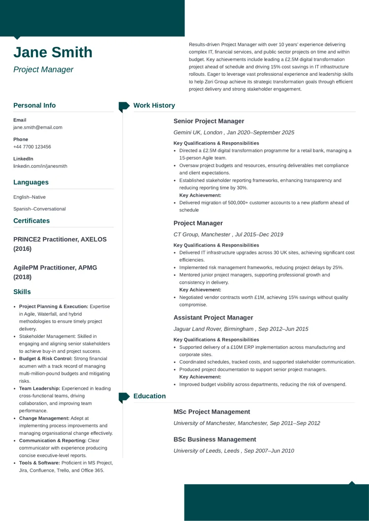 CV example created with the Modern CV template from Zety UK