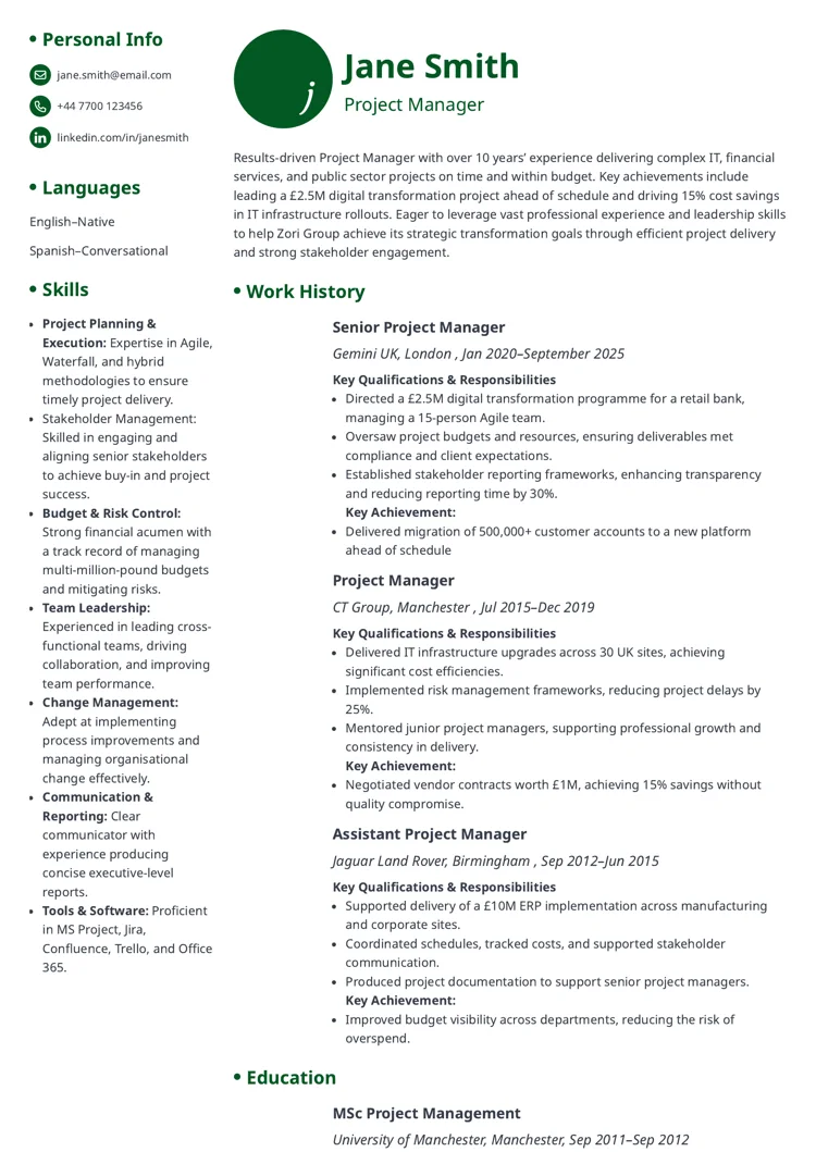 CV example created with the Initials CV template from Zety UK