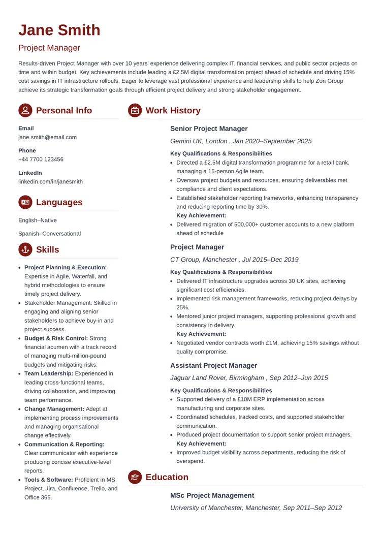 CV example created with the Crisp CV template from Zety UK