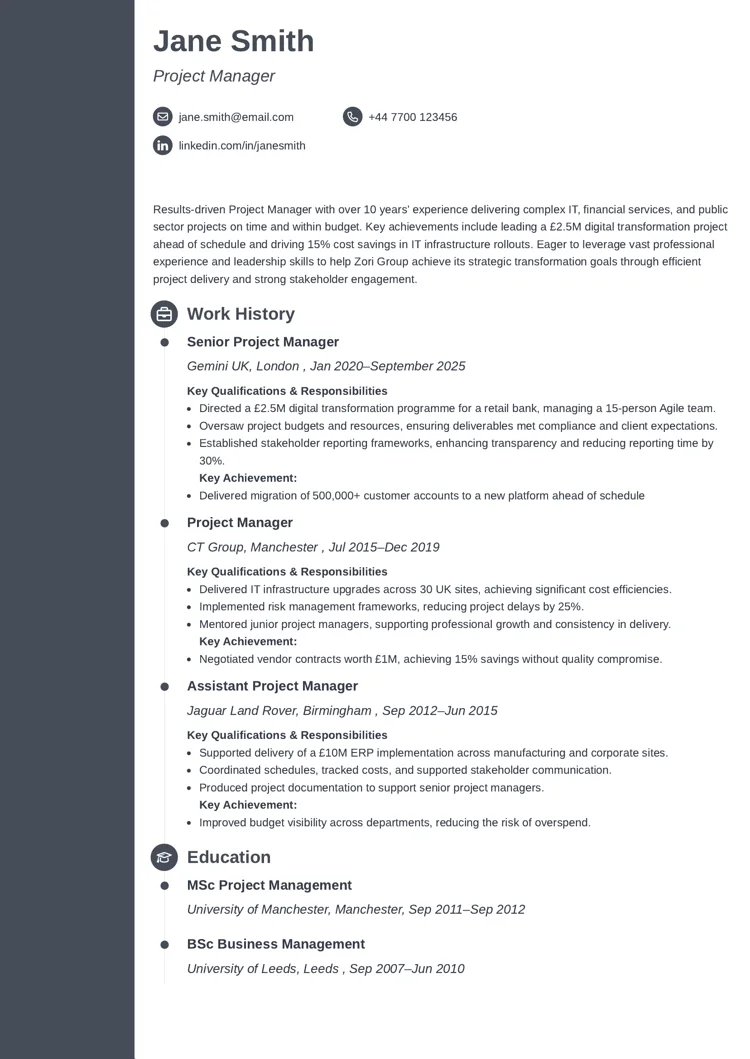 CV example created with the Concept CV template from Zety UK