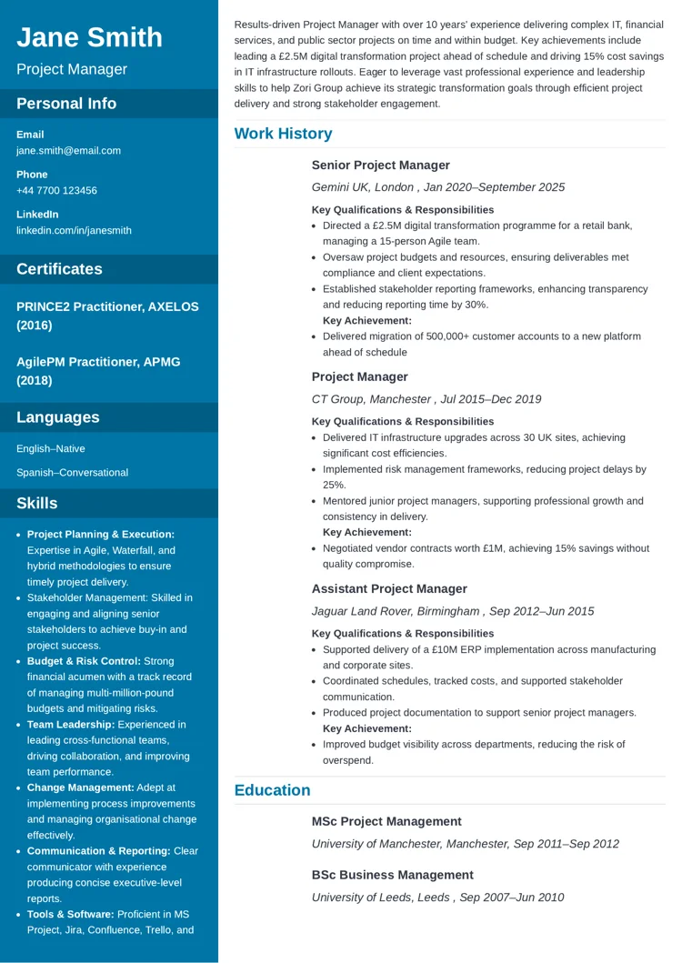 CV example created with the Cascade CV template from Zety UK