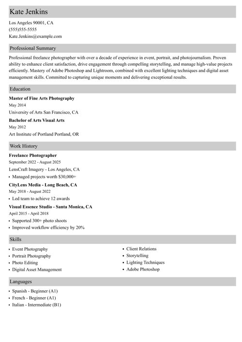 freelance photographer resume example