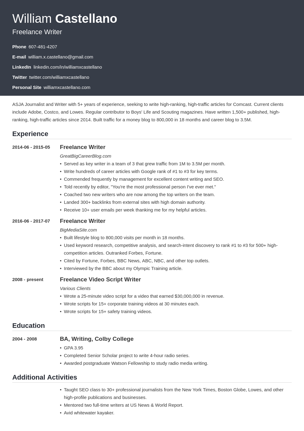 Freelance Work On A Resume Freelancer Resume Examples