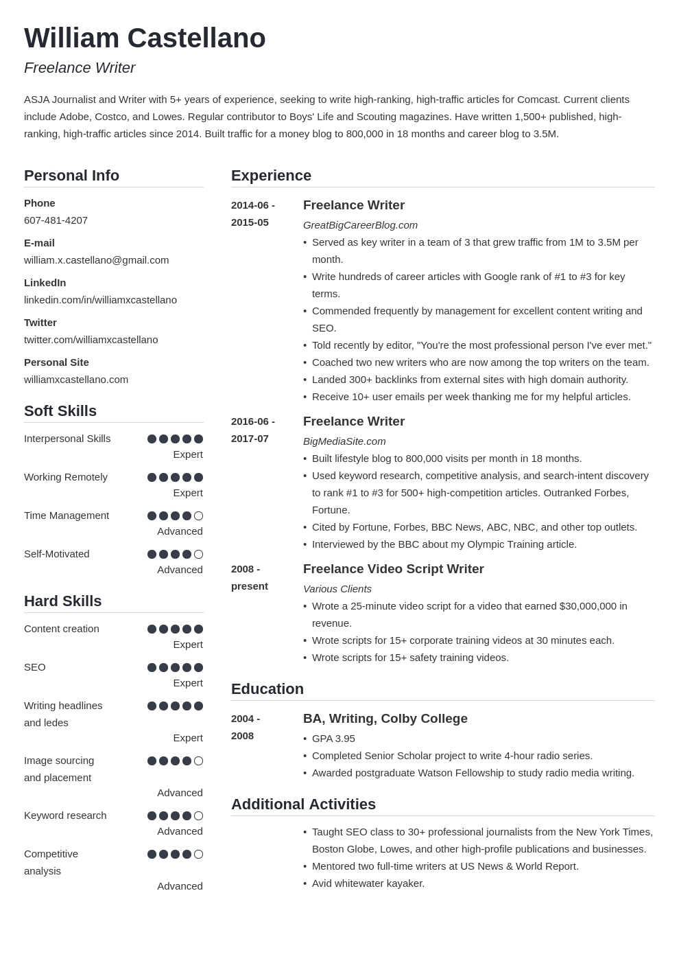 example resume for freelance editor