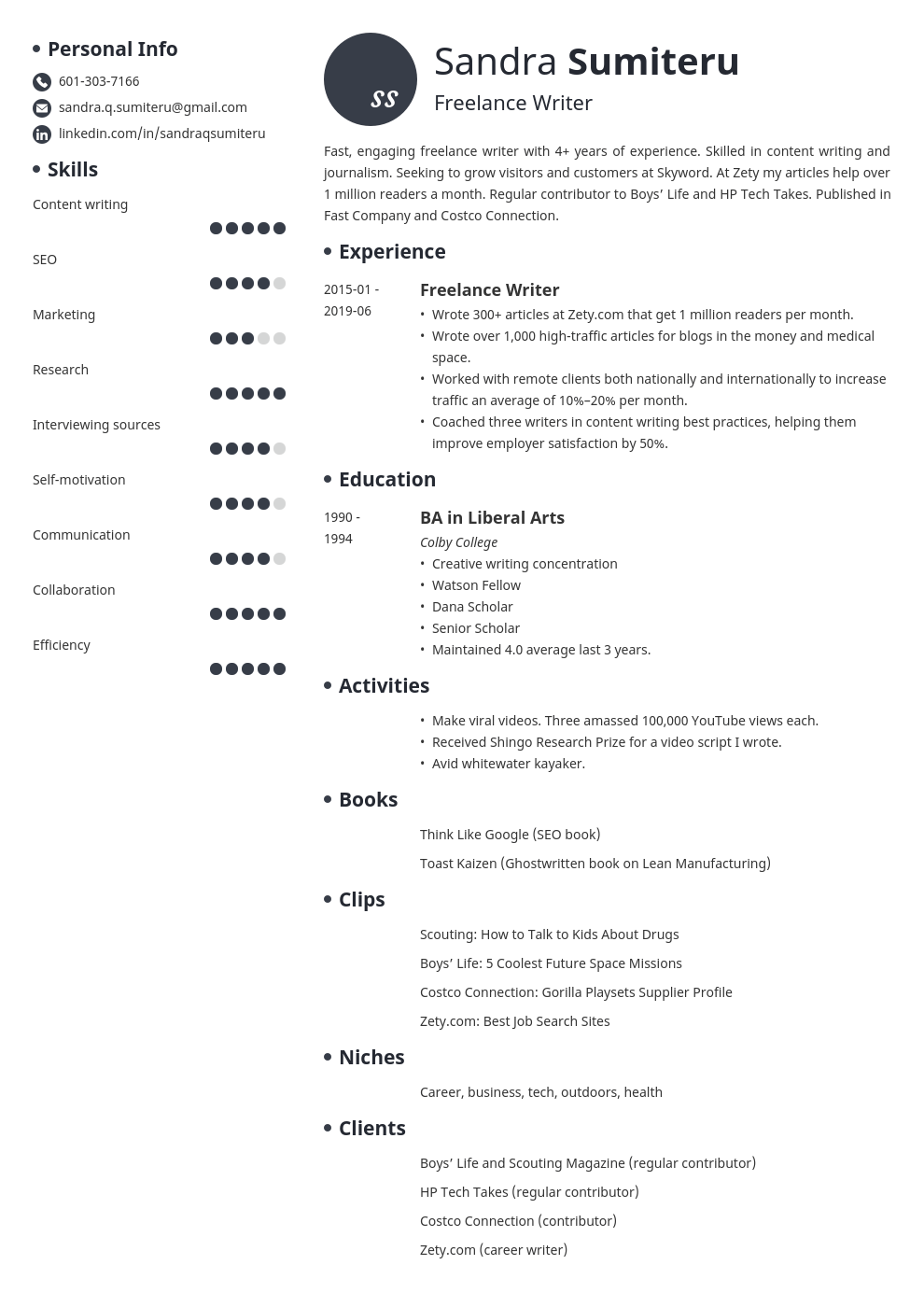 freelance writer resume example template initials