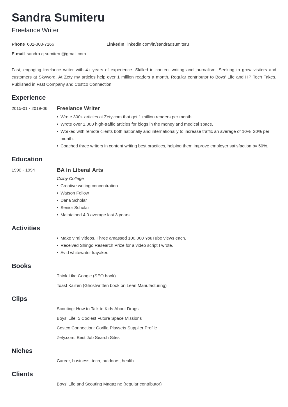 freelance writer resume example template minimo