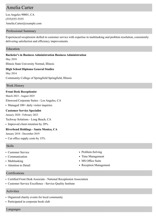 Front Desk Receptionist Resume Sample