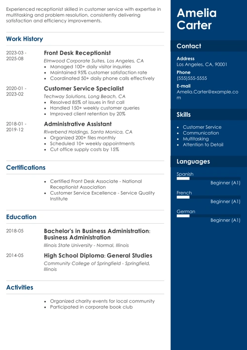 Front Desk Receptionist Resume Sample